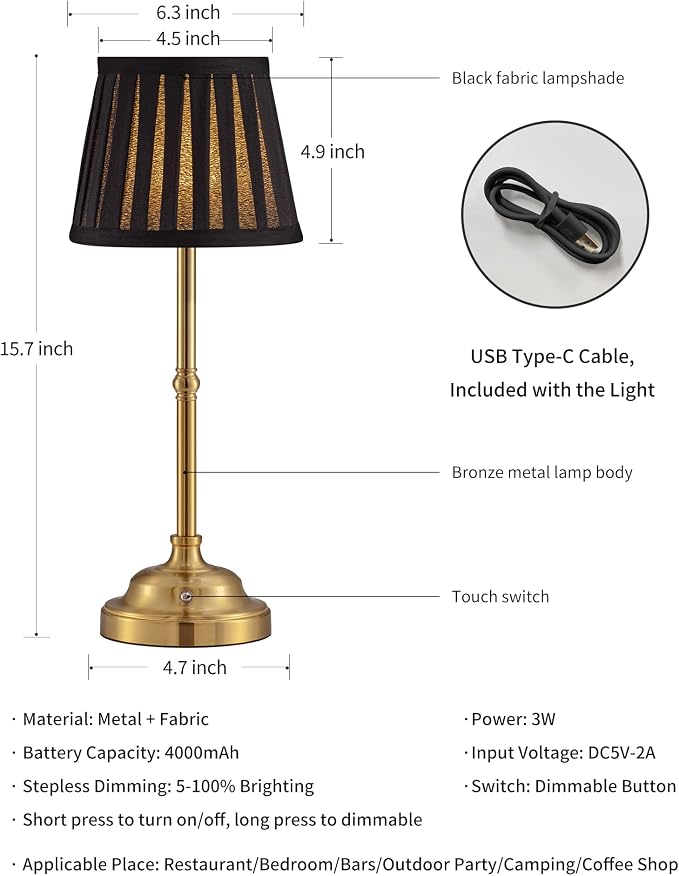 KDG Gold Cordless LED Table Lamps Set of 2, Black Fabric Shade Desk Lamps | Portable 4000mAh Rechargeable Battery Powered, Dimmable Lighting for Dining Room, Bedroom, Bedside, Night Light, Balcony - Image 5