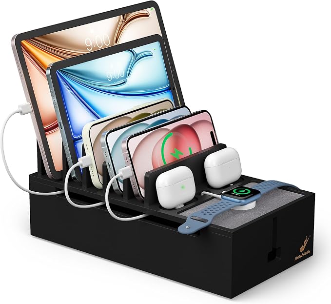 Pezin & Hulin Bamboo Cable Management Box, No Power Adapter -Black | Wire Organizers for Cords, Charge Station Box, Desktop Dock Organizer Rack for Electronic Device (Include 6 Cables) by PezinHulin