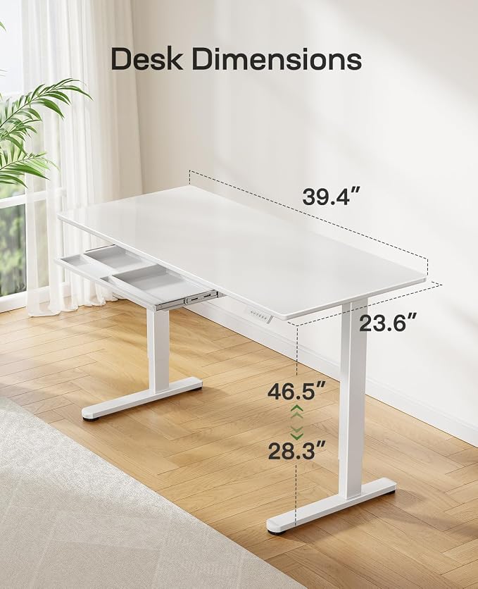 Marsail Glass Electric Standing Desk with Drawer, 40 x 24 Inches Height-Adjustable Desk, One-Piece Tempered Glass Top, Ergonomic Home Office Sit Stand Desk with 4 Preset Heights, White - Image 7