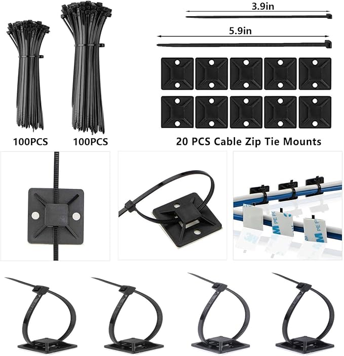 327 PCS Cable Management Kit 4 Cable Cable Sleeves,65 Cable Clips | 13Cord Holders,25 Roll Cable Organizer Straps,200 Fastening Cable Ties,20 Cable Zip Tie Mounts for Computer - Image 6