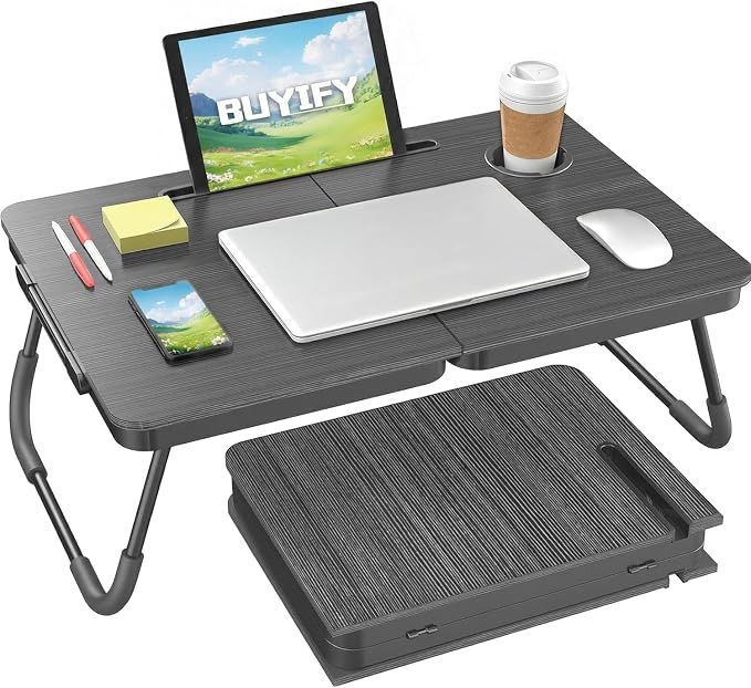 BUYIFY 23.4" Foldable Lap Desk Bed Table with Cup Holder Tray Charcoal | Portable Folds Flat for Easy Storage, No Assembly Laptop Bed Desk, Sturdy and Lightweight, Patent Design by BUYIFY