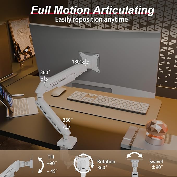 Fydeamer Monitor Arm for 17-35" Screens up to 24.2 lbs, Ergonomic Gas Spring Monitor Stand with Height Adjust, Tilt, Swivel & Cable Management, VESA Desk Mount with 2 Types of Installation, White - Image 2