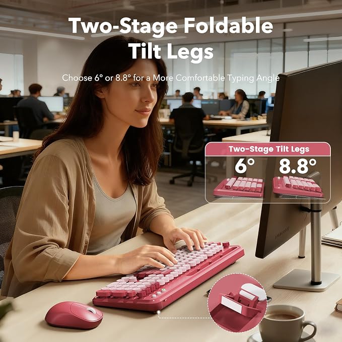 Wireless Keyboard and Mouse Combo, Retro Round Keycaps, Full-Size Stylish Typewriter Keyboard with Large Phone/Tablet Holder, 3-Level DPI Ergonomic Mouse, 2.4GHz Cordless for Windows PC, Rose Pink | Full-Size Retro Typewriter-Style Keyboard, Tilt Legs,... - Image 3