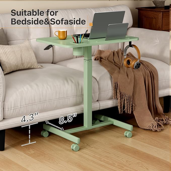 28” Rolling Standing Desk Height Adjustable with 4 Lockable Wheels | Small Mobile Laptop Stand Up Cart with Cup Holder, Portable Teacher Computer Workstation with Hook and Slots, Green - Image 7