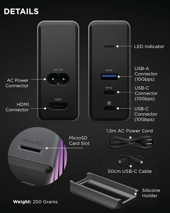 Lenovo GaN Charging Dock, Multiport Docking Station w/ 60W PD, HDMI, USB-C, USB-A, Micro SD, Power Adapter & Dock in One, Compact Design, Sustainable Materials, Home Office Gaming Dock Stand Console - Image 7