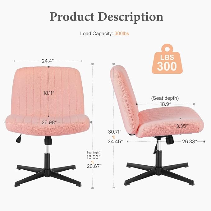 OLIXIS Criss Cross Chair, Vanity Chair, Home Office Desk | Cute Furry Teddy Fleece, Height Adjustable, Armless Wide Seating for Bedroom Student Study Room,Teddy Pink No Wheel - Image 2