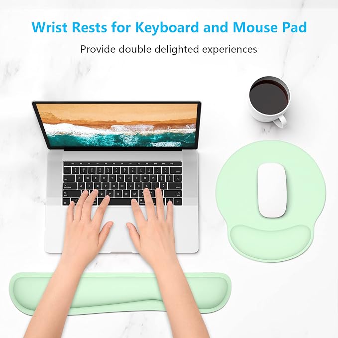 Dapesuom Keyboard Wrist Rest and Mouse Pad with Wrist Support, Memory Foam Cushion for Keyboard and Mouse Set, Ergonomic Desktop Pad Rests with Non Slip Base for Easy Typing & Pain Relief, Lake Green - Image 2