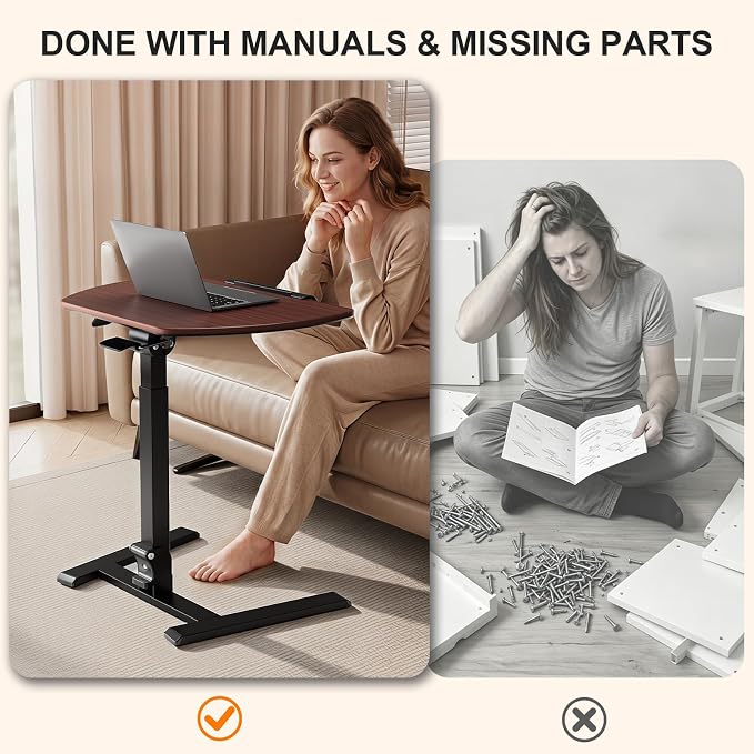ROMOON Folding Standing Desk with Wheels: No-Assembly, Height Adjustable | Portable Sit-Stand Laptop Cart with Tilt Top, Rolling Computer Table for Home Office, Sofa, Bedroom and Small Spaces, Walnut - Image 4