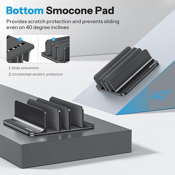 OMOTON 3-Slot Multiple Vertical Laptop Stand, Fits All MacBook, Black | Adjustable Width 0-1.38", Aluminum Office Space-Saving for Desk, Fits MacBook/Book/iPad Up to 17.3in - Image 3