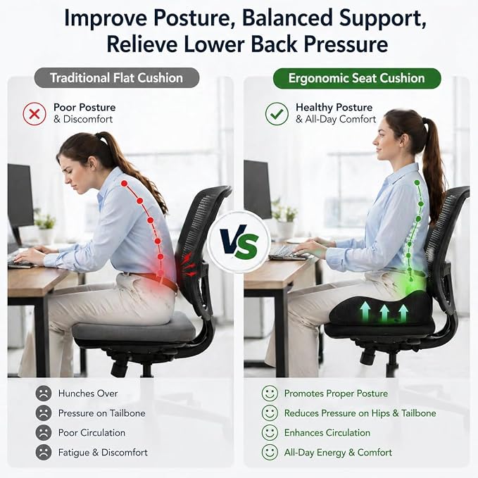 Seat Cushions for Office Chairs, Ergonomic Memory Foam, Black | Contoured Pressure Support, Breathable Washable Cover, Non-Slip Base, 18.1 x 16.9 x 4.7 in, for Desk, Car and Wheelchair - Image 4