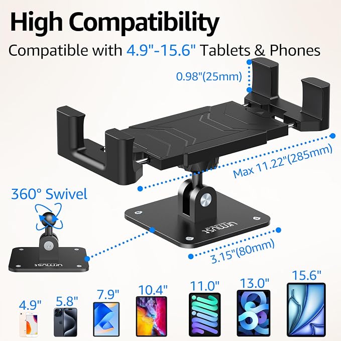 Tablet Wall Mount Ipad Holder, 4.7-15.6" | 360° Adjustable, iPad, Galaxy Tab, Sturdy Aluminum, For Home, Office & Public Spaces - Image 2