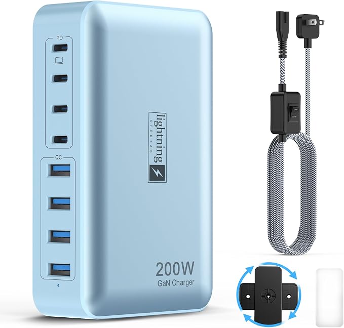 8-Port Multi Charging Stations 200W with Flat Plug, Braided Power Cord, and On/Off Switch- USB Charging Hub for iPhone, iPad, MacBook and More- 65W C Port Power Adapter for Laptops by lightningofertas