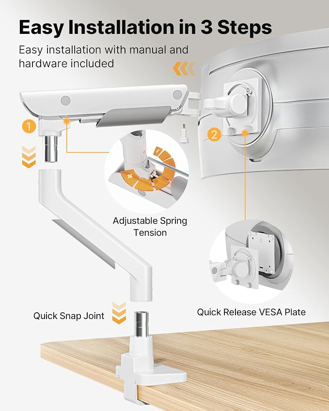 monTEK USB Monitor Arm for 17-57" Ultrawide, 59.4 lbs, White | USB-A/C ports, pneumatic lift, quick-release VESA 75/100 plate, clamp/grommet bases and cable management - Image 6