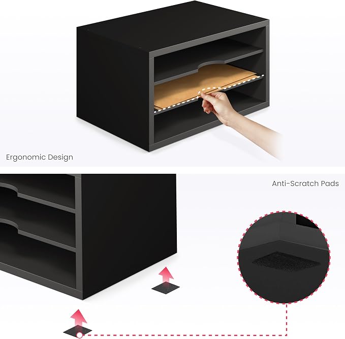 Ballucci File Organizer, 3-Tier Document Paper Sorter, Stackable Wood Desk Organizer, Mail Sorter and Monitor Stand with Storage Shelves, Black - Image 7