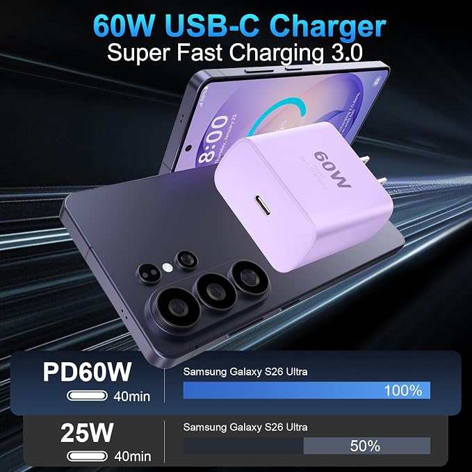 Super Fast Charger Type C 60W USB C Fast Charger Block with 10FT Extra Long Type-C Charging Cord-Super Fast Charging 3.0 for Samsung Galaxy S26 Ultra/S26/S26+/S25 /S24/S23 Ultra-Light Purple - Image 2
