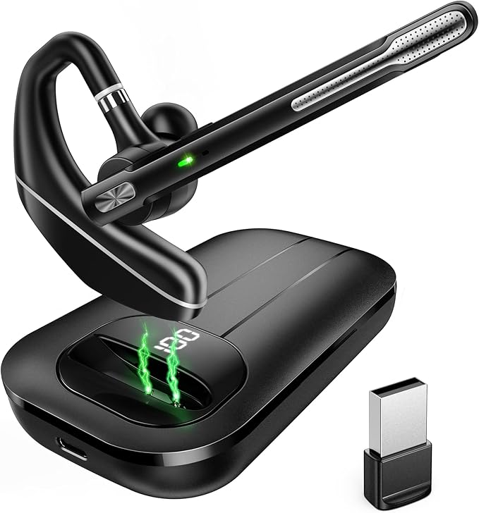 EKVANBEL Bluetooth Headset V5.3, Wireless Earpiece with 1000mAh Charging Case, 96H Talktime, Hands Free Noise Canceling Headphones with Dual-Mic for Computer Cell Phones Trucker Home Office Work by EKVANBEL