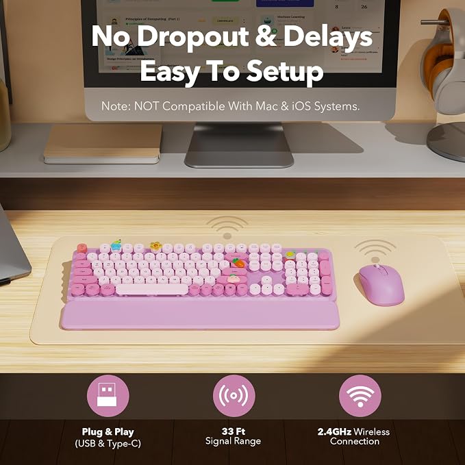 Wireless Keyboard and Mouse, Round Keycaps, Magnetic Wrist Rest, Lilac | Full-Size Retro Typewriter-Style Keyboard, Tilt Legs, Auto Sleep, 2.4GHz Cordless for MacOS, Windows PC, Laptop, SABLUTE - Image 7