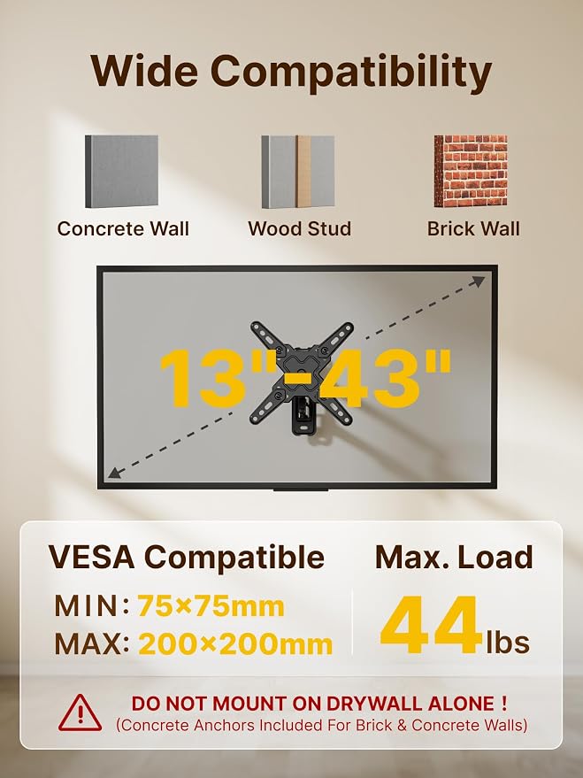 monTEK Full Motion Small TV Wall Mount for 13-43 Inch TVs up to 44 lb | ±90° swivel, +5°/-15° tilt, landscape/portrait rotation; extends 14.6 in, 4X load tested, VESA 200x200 mm, single-stud mount - Image 2