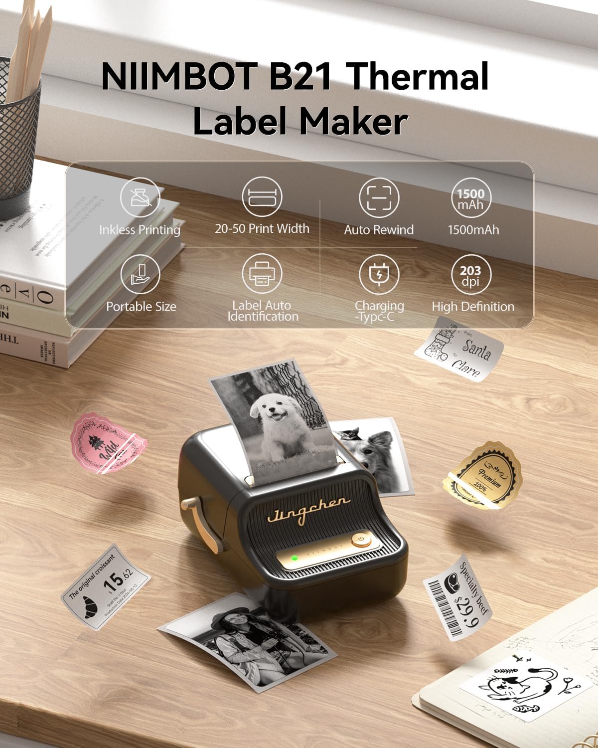 NIIMBOT B21 Label Maker, 2 Inch Bluetooth Sticker Printer with Tape, Black - Image 2