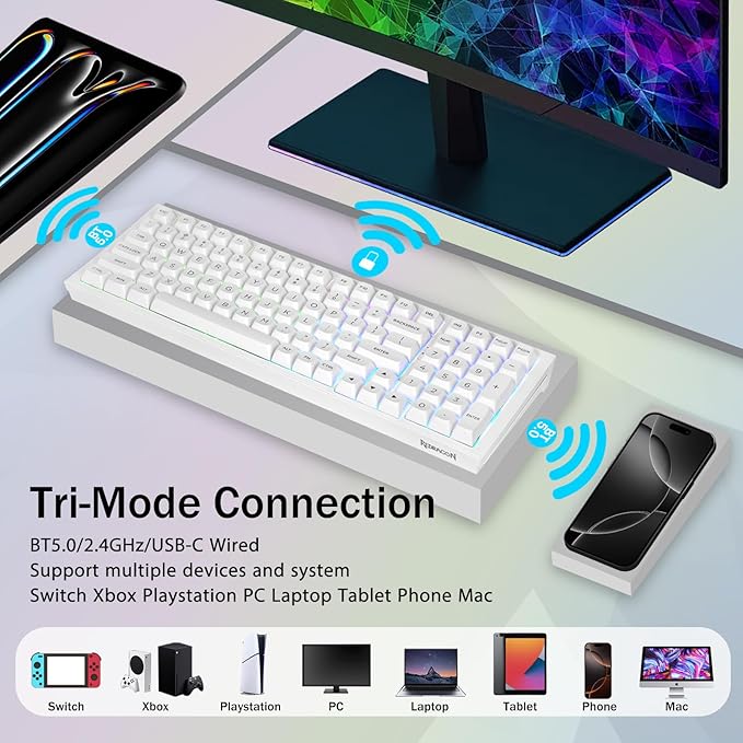 Redragon K723 Wireless Mechanical Gaming Keyboard, Creamy Switches, White | Bluetooth/2.4G/USB-C Wired, RGB Backlit, Hot Swappable Pre-lubed, 96% Custom Gasket Structure for PC/Mac/PS/Xbox - Image 4