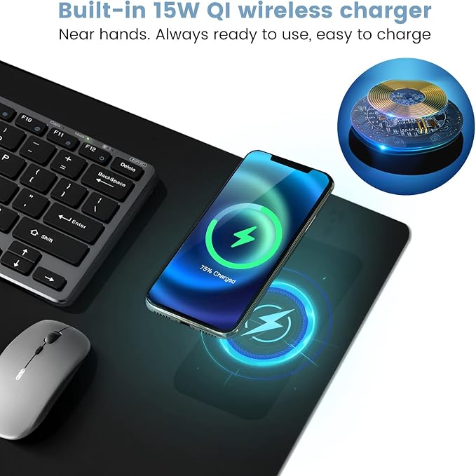 Desk Mat Wireless Charging Mouse Pad Large 32x16 Journey Desk Pad Mat with Wireless Charger Waterproof Black Leather Computer Mat with Phone Charger Mousepad Non-Slip for Keyboard and Mouse - Image 4