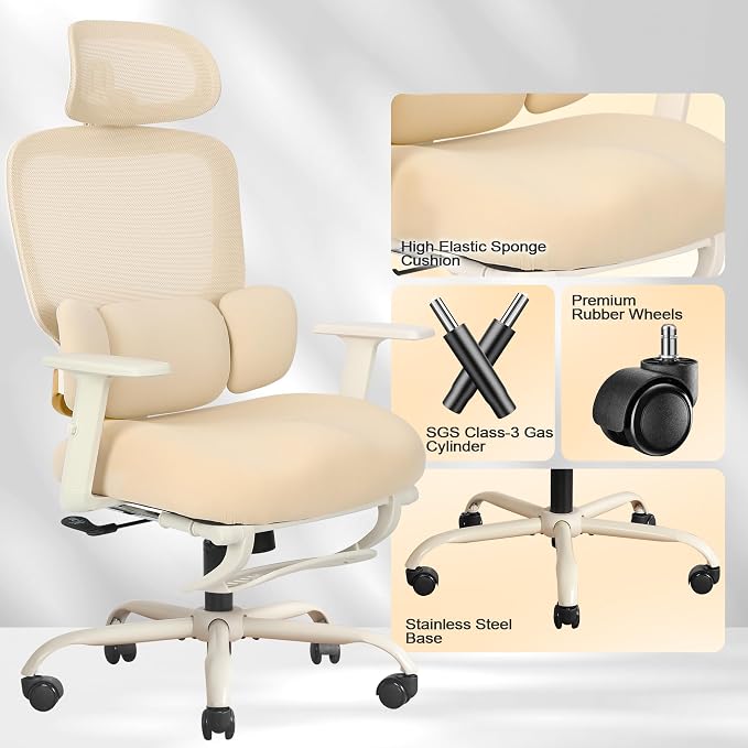 Ergonomic Office Chair with Footrest, Mesh Desk Chair with Adjustable Headrest & Armrests & Dynamic Floating Wing Lumbar Support, High Back Computer Chair for Home Office, BIFMA Certified, Beige - Image 9