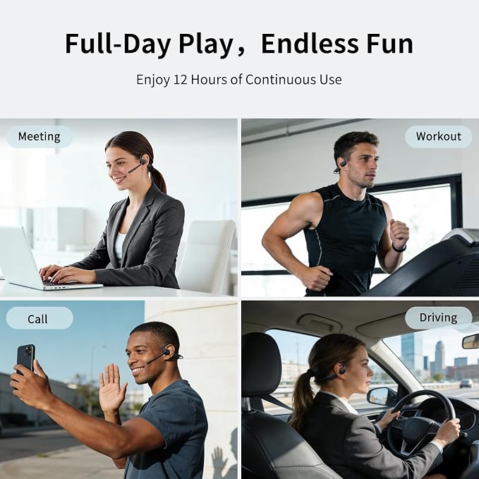 CXK Open Ear Headphones with Mic, Dual Noise Canceling Mic for Clear Calls | Bluetooth 5.4 Headphones, 23g Lightweight Headset with Mute Button, 12H Playtime Air Conduction Headphones for Call, Meeting - Image 7