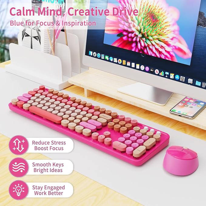 Nowlike Wireless Keyboard and Mouse Combo, Retro Typewriter Keyboard with Round Keycaps, Full-Size Ergonomic, Red, Ideal for Windows PC, Home, Office, and College, Wireless Keyboard Mouse Combo - Image 2