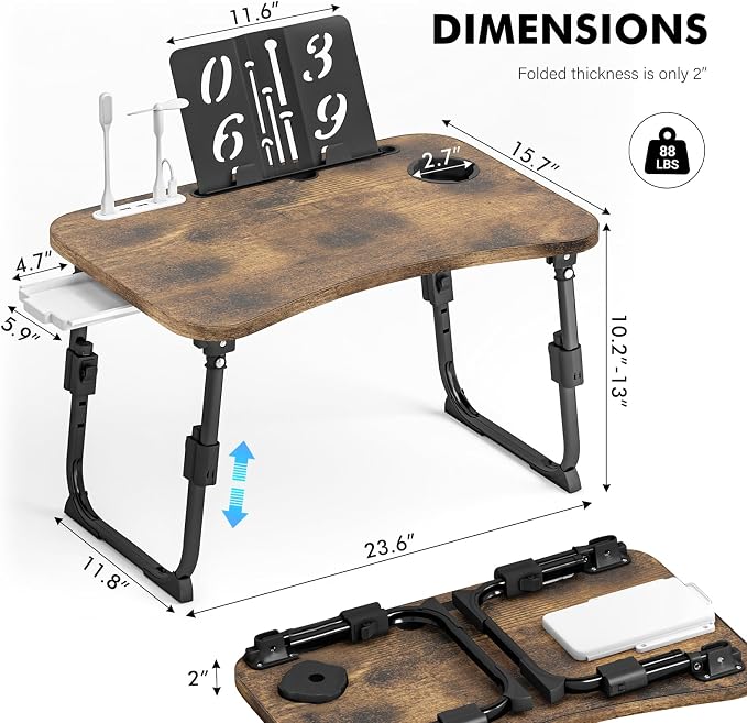 Lap Desk for Bed Adjustable Height, Foldable Bed Table with Storage Drawer, Tablet Slot & Cup Holder, Portable Laptop Stand for Bed & Sofa, Bed Desk for Adults & Kids, Carbonized - Image 3