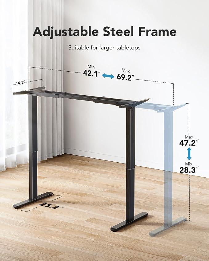 HUANUO Dual Motor Electric Standing Desk Frame, 265 lb Capacity, Black | T-Shaped Legs Fit Desktops Up To 90 X 31.5 Inches; Height-Adjustable Frame For Home Offices - Image 3