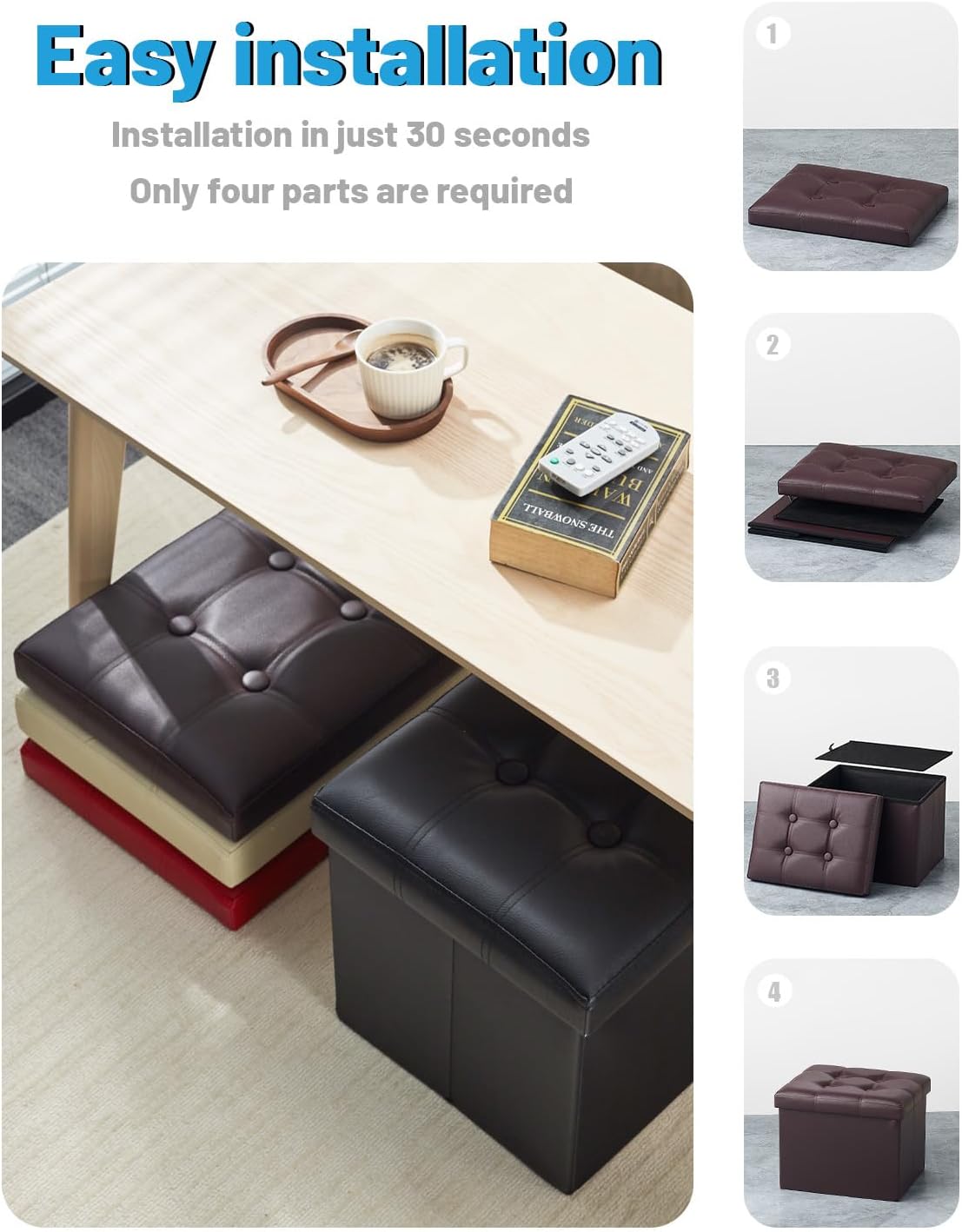 AmasSmile Ottoman with Storage,Folding Stool,17" Leather,Brown 2 Pack - Image 7