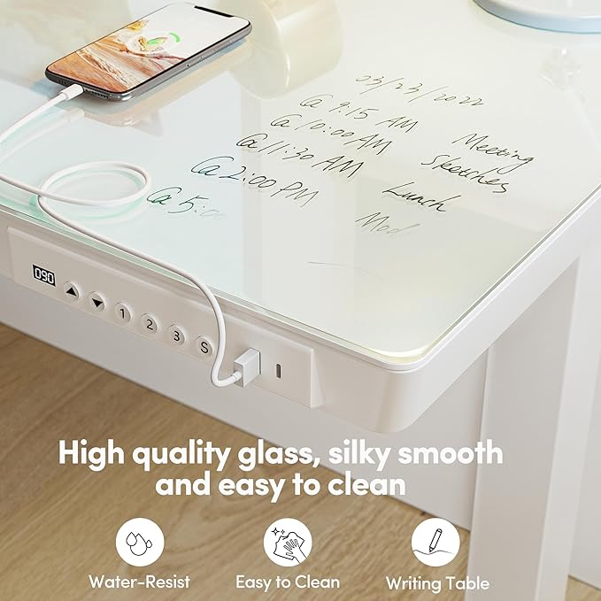 BANTI Electric Standing Desk with Drawers, 55 inch Whole-Piece Glass Desktop, Height Adjustable Stand up Sit Stand Home Office Ergonomic Workstation, White Tabletop - Image 5
