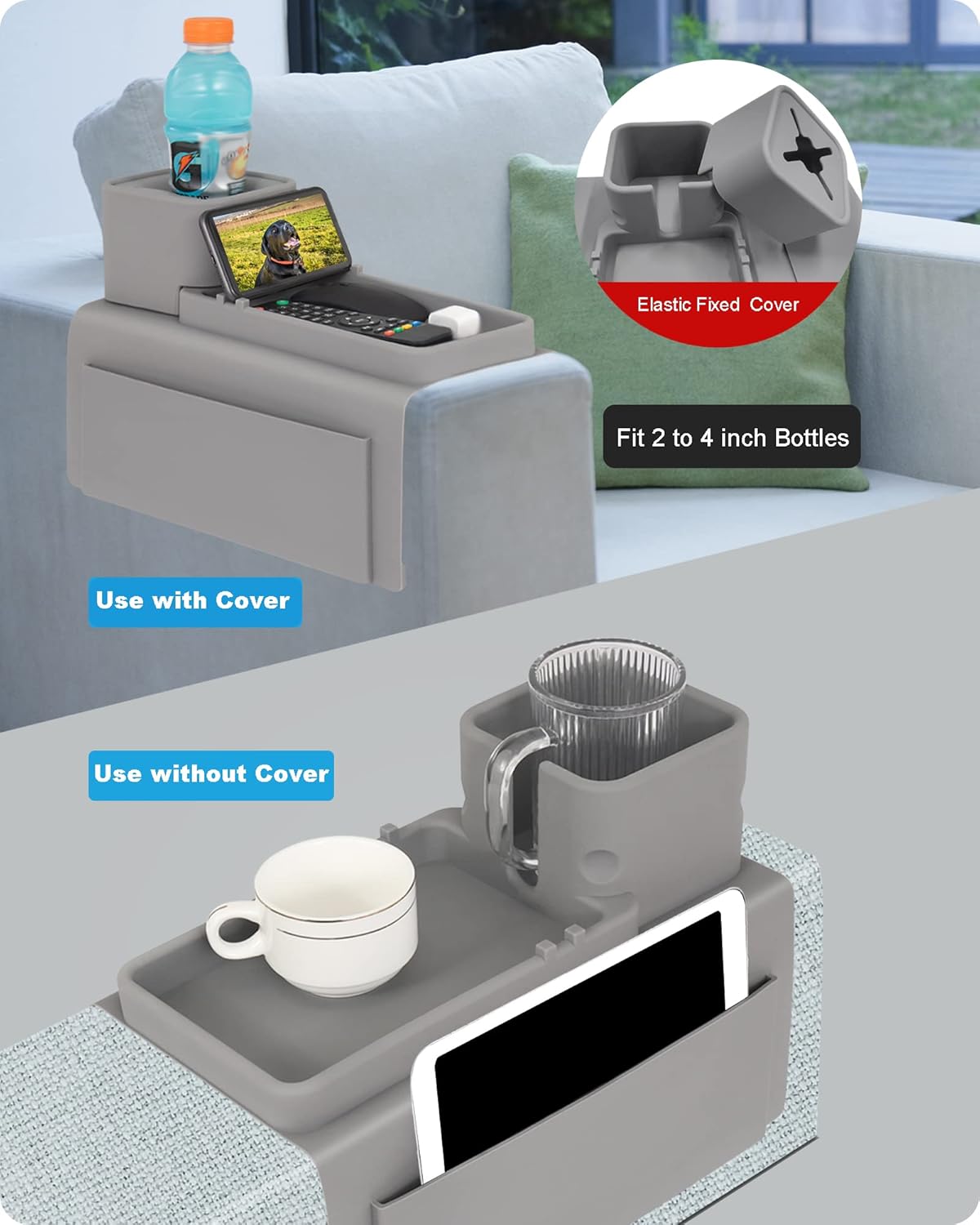 Silicone Couch Cup Holder, VIENFUT Anti-Spill and Anti-Slip Sofa Armrest Tray, Dirt-Resistant Silicone Couch Arm Tray for Remote, Snacks, Cellphone and iPad, Gift for Family, Friend (Gray) - Image 6
