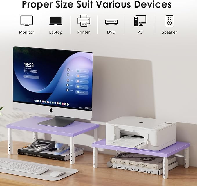 ECOLOVI Adjustable Wood Computer Monitor Stand Riser, Office Desk Organizer and Accessories for Monitor, Laptop, PC, Printer, Office Desk Accessories Workspace Organizer for Home Office Supplies, Purple - Image 3