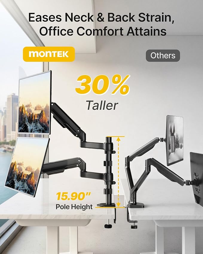 monTEK Vertical Stacked Dual Monitor Stand, 17–32", Full Motion Desk Mount | Vertical Stacked Dual Monitor Stand, Max Height 24.59", Full Motion Swivel/Rotation For 17–32" Monitor, Up To 19.8 Lbs Each - Image 4