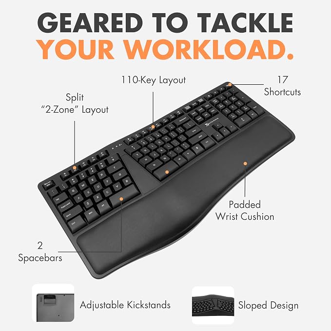 X9 Wireless Ergonomic Keyboard with Cushioned Wrist Support - Type Comfortably Longer - Wireless Split Keyboard for Laptop, PC & Chrome Computer with 110 Ergo Keys & 5ft Cable - Image 8
