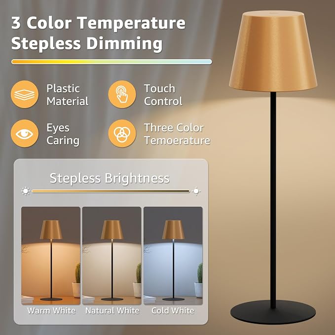 uuffoo 2 Pack Cordless Table Lamp Rechargeable 5000mAH Battery Operated Lights Touch Control LED Portable Desk Lamps 3 Color Dimming for Outdoor Coffee Bedroom Kitchen (Gold+Black) - Image 2