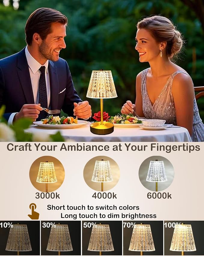 Gold Cordless Table Lamp Rechargeable,5000mAh Battery Operated Lamps,Mini Small Crystal Table Lamp for Restaurant Dining Bathroom/Kitchen Counter/Rechargable Touch Lamp for Home Dinner Shower Lamp - Image 2