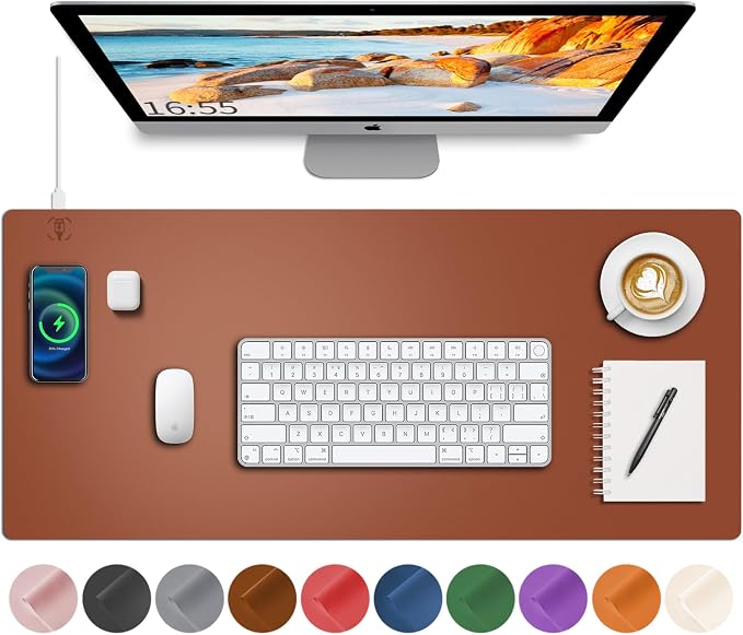 Desk Mat with Wireless Charging, Brown Mouse Pad with Wireless Charger, Desk Pad Matt for Desktop, Mousepad Gaming Large Mouse Pad, Leather Compute for Keyboard and Mouse, 32" x 16" by HopeLum