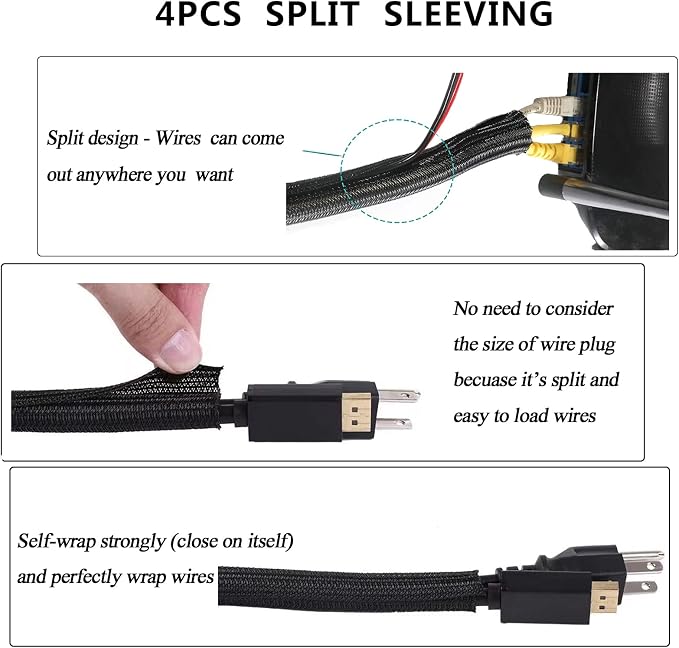 311Pcs Cable Management Organizer Kit 4 Cable Sleeve Split | 53Cable Clips 12Cord Clips Holder,22 Cable Ties, 20 Adhesive Wall Cable Tie, 200Fasten Cable Ties for TV Office Home - Image 3