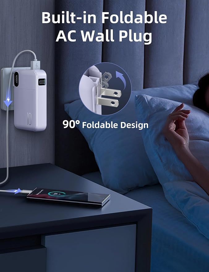 RORRY Portable Charger w/Wall Plug 10000mAh Power Bank 22.5W Battery Pack | Built in Cables, Fast Charging, for iPhone, iPad, Samsung Galaxy, Pixel, LG, Travel Essential, Digital Display, Pocket Size - Image 8