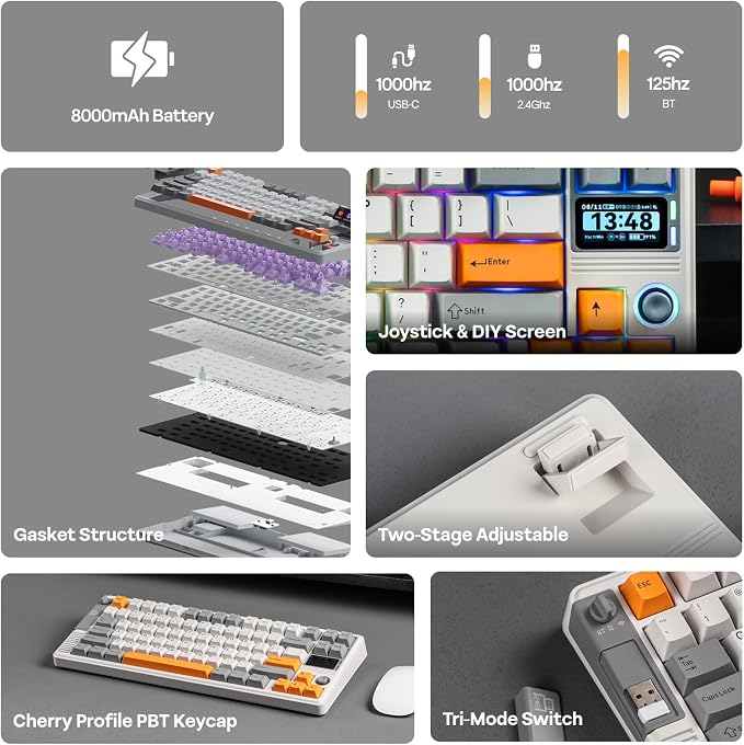 EPOMAKER RT85 Wireless Mechanical Keyboard with Joystick & DIY Screen | 8000mAh, BT/USB/2.4Ghz, Gasket, 5-Layer Paddings, Hot-Swap, PBT Keycap, 75% Gaming Keyboard (Retro White, Crystal Switch) - Image 3