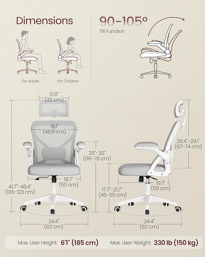 VASAGLE Office Chair, Adjustable Mesh with Lumbar Support and Headrest | Ergonomic desk chair, 90-105° tilt function, wide seat, flip-up armrests, Dove Gray UOBN044GD01S - Image 2