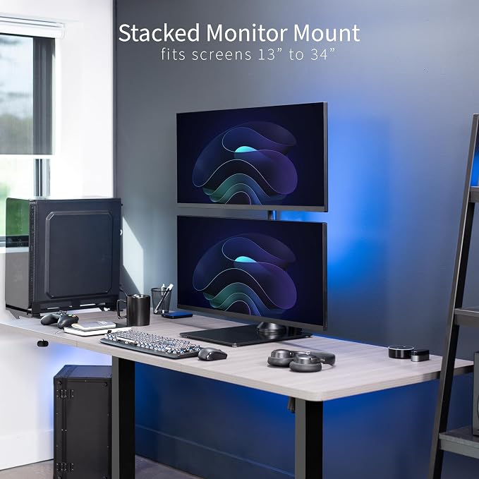 VIVO Dual Monitor Desk Stand with Tempered Glass Base, Free-Standing LCD Mount, Holds in Stacked Vertical Position 2 Ultrawide Screens up to 34 inches, Black, STAND-V002LG - Image 2