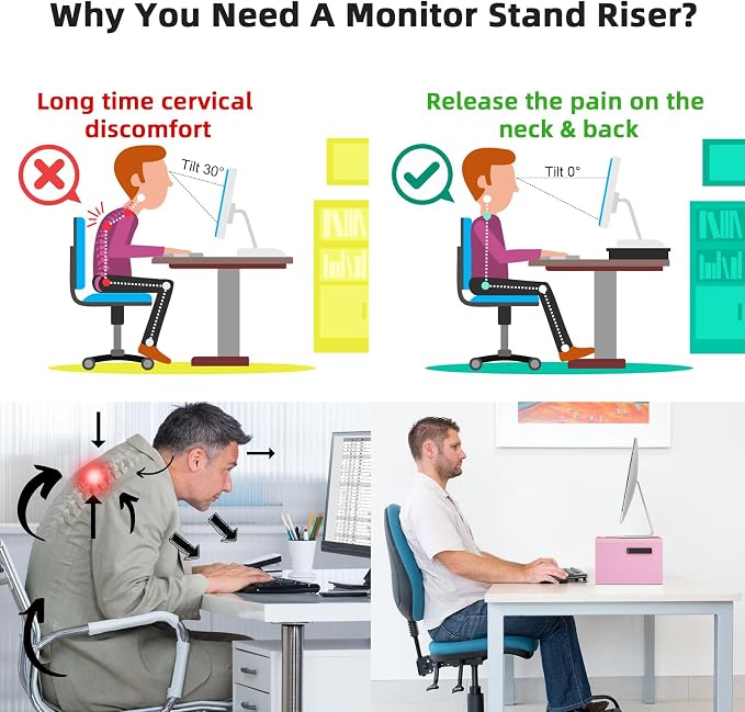 Marbrasse Wood Monitor Stand Riser,Desk Computer Printer Shelf Stand，Pink | 2 Tier Laptop Computer Screen Storage, Desktop Stand with Phone Holder and Cable Management - Image 5