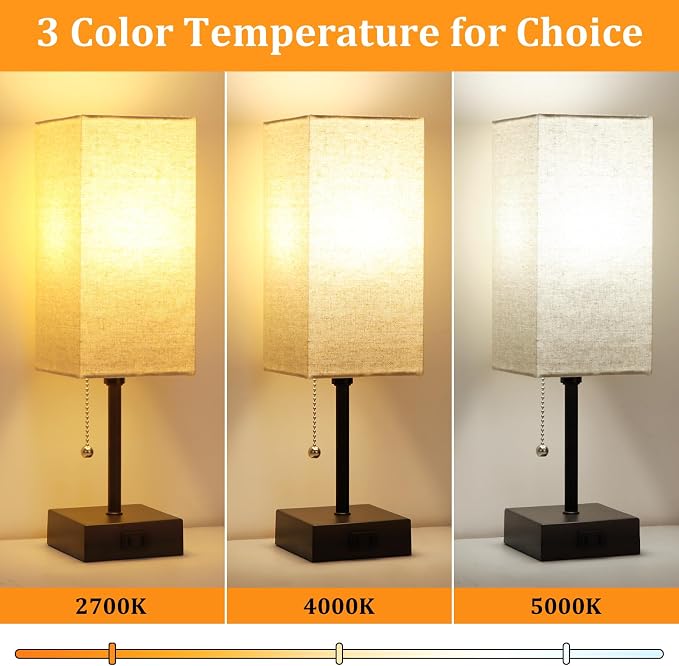 15'' Bedside Table Lamp for Bedroom Small Night Light Lamps for Night stand | Pull Chain Table Lamps for Night stands with AC Outlet，desk lamp with 2 Bulbs Lamp for Living Room Kids Room Office Decor - Image 2