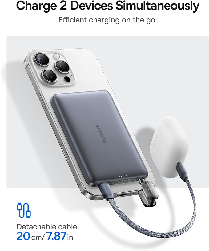 Baseus Picogo Qi2 15W Magsafe Portable Charger, 0.5" Ultra Slim 10000mAh Wireless Power Bank with 27W Built-in USB-C Cable, Magnetic Battery Pack for iPhone 17 Pro Max/17 Pro/Air/16/15/14/13/12 | 10000mAh Wireless Power Bank, 27W Fast Charging Magnetic... - Image 6