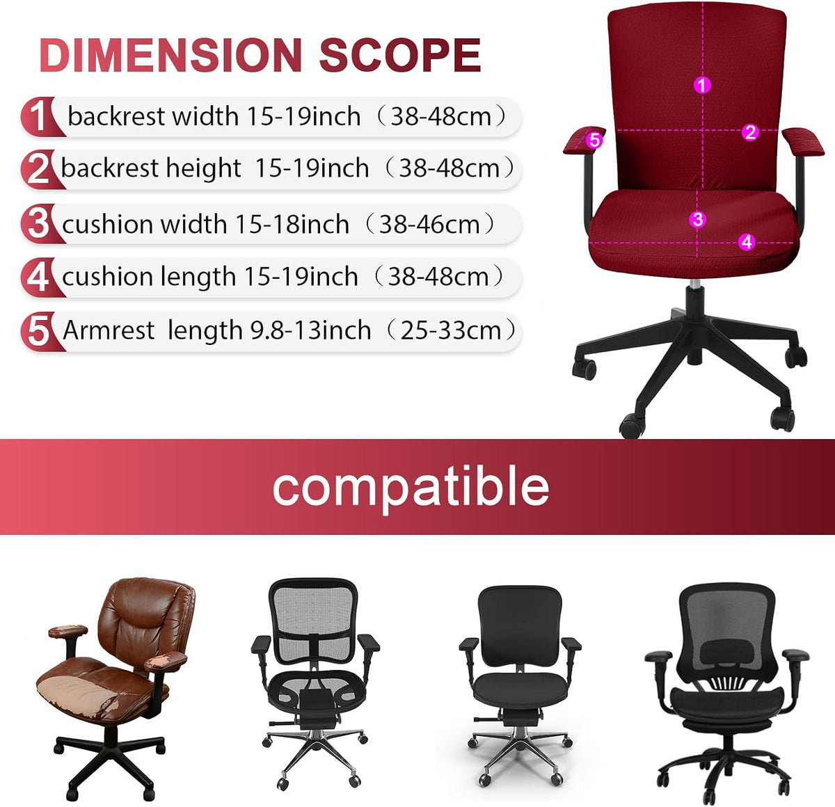 4 Pcs Office Chair Covers Set Computer Armrest Slipcover Seat, Red - Image 2