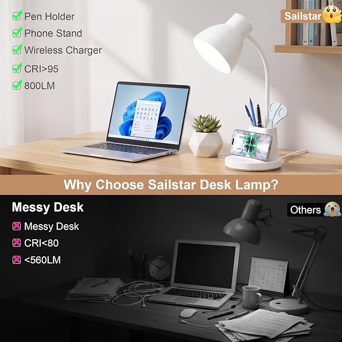 10W Wireless Charging LED Desk Lamp with Pen Holder, CRI 95, White | 800LM, 3 Modes, 360°Flexible Arm, Touch, Brightness, Table Lamp for Home Office, Dorm, Bedside, Study, Reading, with Adapter - Image 4