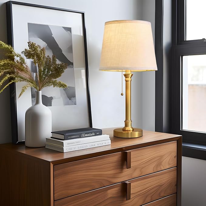 19.5” Brass Gold Small Table Lamps Set of 2 for Living Room Bedroom | Pull Chain Switch Bedside Table Lamps, White Linen Shade, Small Desk Lamp for Living Room, Bedroom, Home Office, Nursery - Image 2